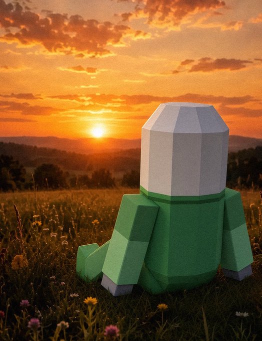 A faceted, low-poly papercraft figure wearing a green outfit sits in a grassy meadow, silhouetted against a warm golden sunset. The melancholic scene mirrors the speculative nature of the meme coin contract address shared in the post.