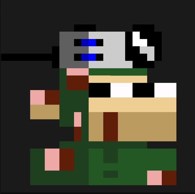 A pixel art illustration of a soldier wearing a green uniform and helmet, holding a large box-like object against a dark background.
