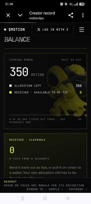 A mobile app screenshot of 'motion.tips' creator record page showing a balance of 350 MOTION Tipping Power, with 0 to re-tip and 0 received tips.