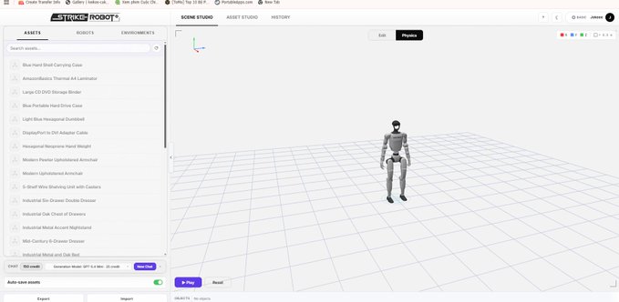 A screenshot of the Strike Robot platform interface, showing a 3D simulation environment with a humanoid robot model standing on a grid. The interface includes menu options like "SCENE STUDIO," "ASSET STUDIO," and "HISTORY," alongside a list of available assets on the left sidebar.