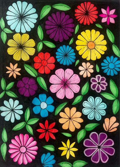 A colorful, densely packed illustration of various stylized flowers in shades of pink, yellow, blue, red, and purple with green leaves on a black background.
