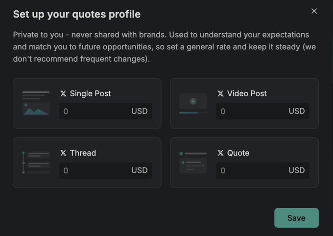 UI screenshot titled 'Set up your quotes profile' with USD rate fields for X Single Post, Video Post, Thread, and Quote.