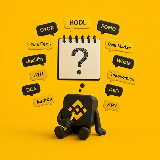 A cartoon Binance mascot sits pondering a notebook with a question mark, surrounded by floating speech bubbles containing common crypto jargon like "HODL," "FOMO," "DYOR," "Gas Fees," "Liquidity," "ATH," "DCA," "Airdrop," "Bear Market," "Whale," "Tokenomics," "DeFi," and "APY." The image visually captures the post's message about feeling overwhelmed by unfamiliar crypto terminology as a beginner, humorously illustrating the "nodding along while planning to Google it later" sentiment.