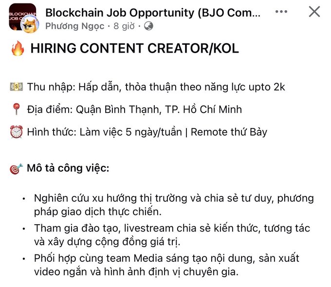 A Vietnamese job posting on Facebook by 'Blockchain Job Opportunity (BJO)' advertises a 'HIRING CONTENT CREATOR/KOL' position based in Binh Thanh District, Ho Chi Minh City, offering up to 2k in salary with remote work on Saturdays.