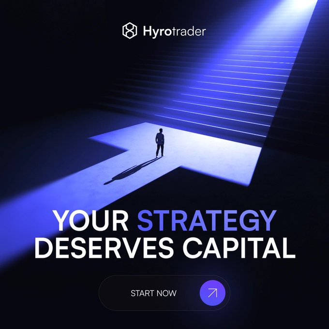 A promotional advertisement for Hyrotrader features a silhouetted figure standing on a glowing blue arrow with the tagline 'YOUR STRATEGY DESERVES CAPITAL' and a 'START NOW' call-to-action button.