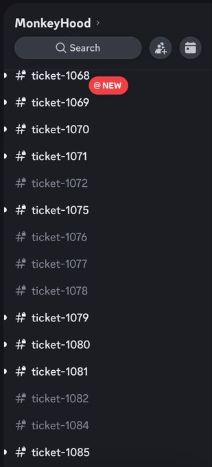 Discord server 'MonkeyHood' showing a list of ticket channels (#ticket-1068 through #ticket-1085), with #ticket-1068 marked as NEW.