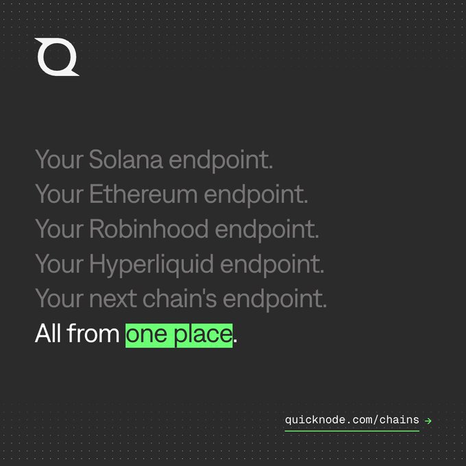 Dark gray QuickNode advertisement listing various blockchain endpoints (Solana, Ethereum, Robinhood, Hyperliquid) with the tagline 'All from one place' and link 'quicknode.com/chains'.