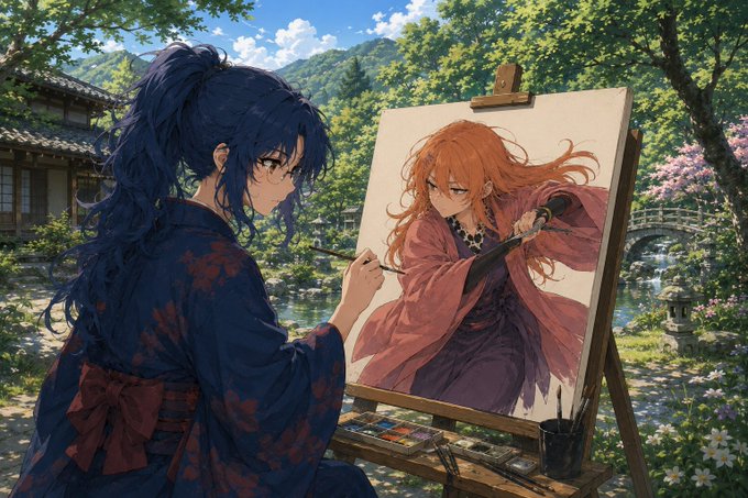 A blue-haired artist in a kimono paints a vivid portrait of an orange-haired figure wielding a brush on an easel, set in a serene Japanese garden. The image's artistic, creator-focused theme visually echoes the post's excitement about minting and collecting digital art NFTs.