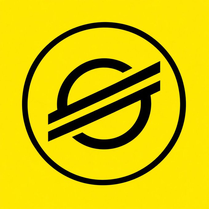 A yellow background displays the black geometric logo for the cryptocurrency Stellar (XLM).