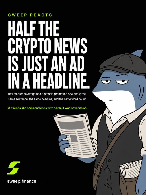 A promotional graphic with a cartoon shark reading a newspaper, featuring text 'HALF THE CRYPTO NEWS IS JUST AN AD IN A HEADLINE.' and 'sweep.finance' branding.
