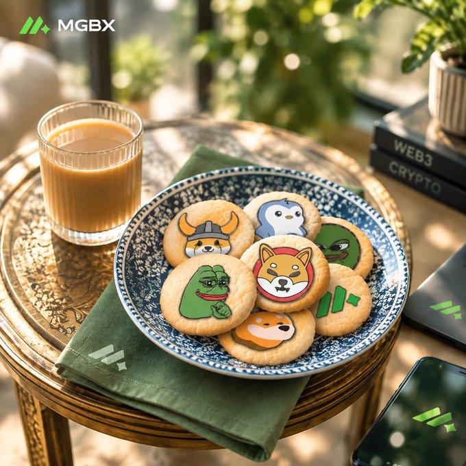 A promotional image for 'MGBX' showing a blue and white bowl filled with custom emoji-style cookies featuring various characters (viking, ghost, dog, frog, Shiba Inu), next to a glass of milk tea and a smartphone with the MGBX logo, with 'WEB3' and 'CRYPTO' books stacked nearby.