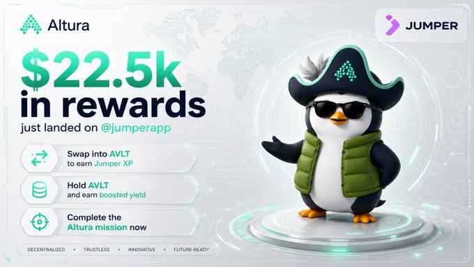 The image features an advertisement with a green penguin holding a sign that reads "Altura". The penguin is wearing a pirate hat, sunglasses, and has a green vest on. It appears as if the penguin is giving instructions or directions related to the Altura campaign. The main message of the post is about a reward for users who participate in the campaign. The title includes words like "@jumperapp", "@altura", "#22.5K", and "@AVLT".
