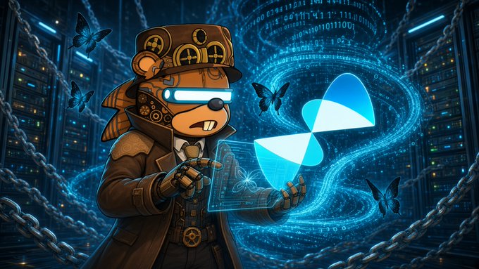 An AI-generated illustration of a steampunk-styled bear character with glowing goggles holding a holographic blue radiation symbol, surrounded by digital butterflies.
