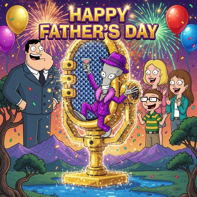 The image features a cartoon scene of a man dressed as an alien standing behind a microphone with his arms raised high. The background includes colorful balloons floating above them, creating a festive atmosphere. A group of people can be seen gathered around the man and the microphone, suggesting that they are celebrating Father's Day together.