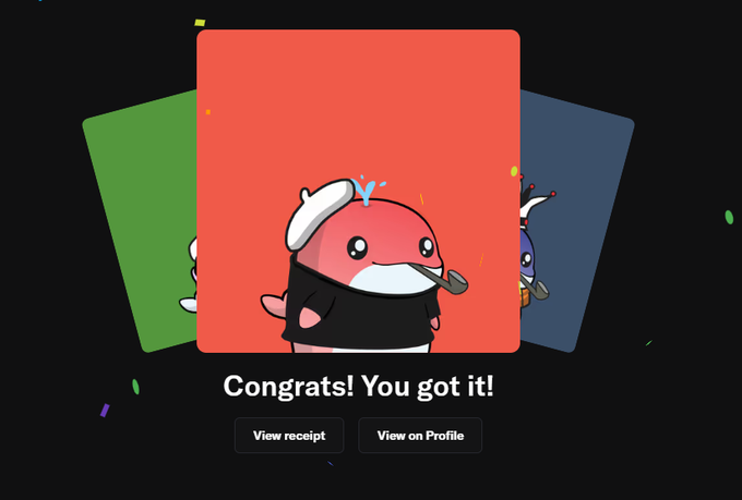 A celebratory screen reading 'Congrats! You got it!' with cartoon whale characters on colored cards, including 'View receipt' and 'View on Profile' buttons.