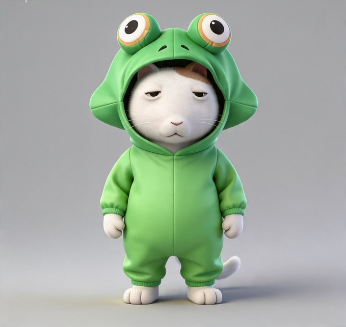 A 3D-rendered cat character wearing a green frog onesie with large bulging eyes on the hood, standing with a grumpy expression against a gray background.