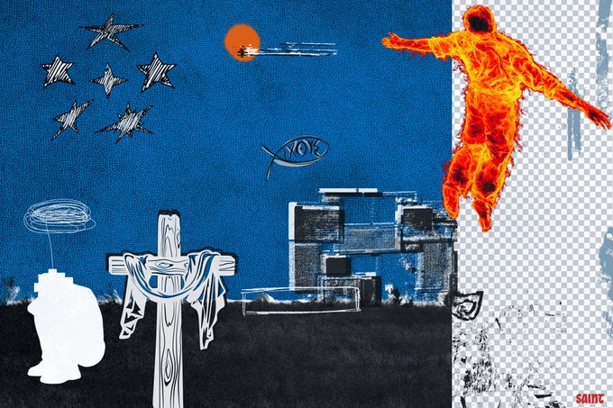 A digital artwork featuring a fiery figure with outstretched arms, hand-drawn stars, a cross, a fish symbol, and a small orange planet, set against a textured blue and black background with the word "saint" in the corner. The image appears to be a promotional piece showcasing available 1/1 NFT artworks on Transient Labs, as referenced in the post.