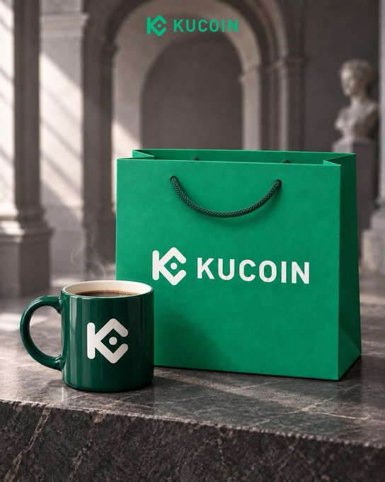A steaming green KuCoin-branded coffee mug sits beside a matching KuCoin shopping bag on a marble surface, embodying the post's "retail therapy" theme of trading profits funding lifestyle perks—where a thriving "green candle" portfolio literally translates into green-themed rewards in hand.