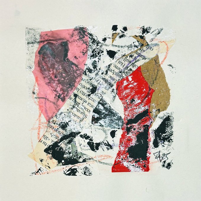 An abstract mixed-media artwork on cream paper featuring torn paper fragments with printed text, layered with red, pink, and black paint splatters and gestural marks.