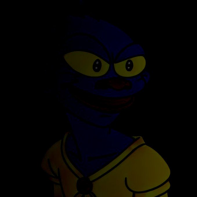 A dark, shadowy illustration of a cartoon character with an intense expression, wearing a sailor-style uniform, set against a black background.