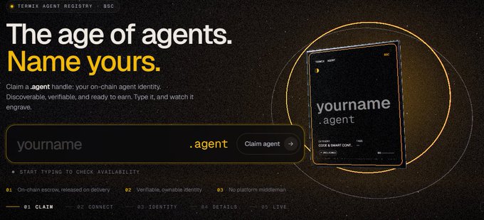 A promotional webpage for the '.agent' Ternix Agent Registry with the tagline 'The age of agents. Name yours.' and a search bar to claim an on-chain agent identity.