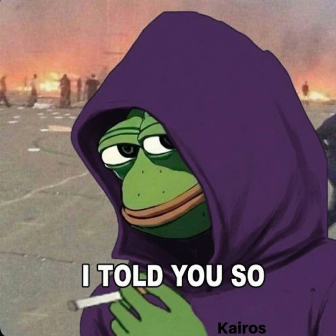 A 'Sad Pepe the Frog' meme wearing a purple hooded robe and holding a cigarette, with the caption 'I TOLD YOU SO' overlaid on a background of a city street in flames, signed 'Kairos'.