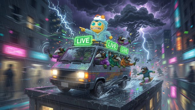 A vibrant, chaotic illustration shows anthropomorphic characters in a graffiti-covered van with a "LIVE" broadcast sign on top, driving through a stormy, rainy city with lightning, while penguins hang out the windows.
