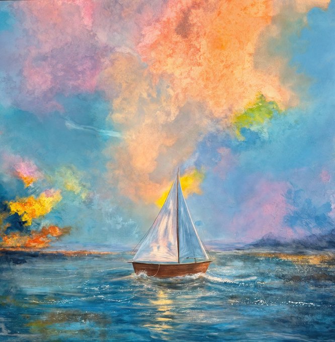 Impressionistic oil painting of a white sailboat gliding across blue water beneath a dramatic, colorful sky of orange, pink, and yellow clouds.