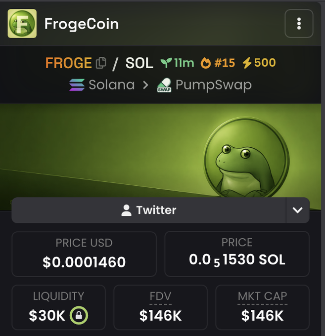 The screenshot shows the trading page for "FrogeCoin" (FROGE/SOL) on Solana's PumpSwap, displaying a price of $0.0001460 USD (0.000001530 SOL), $30K liquidity, and a $146K market cap, alongside a green frog mascot logo.

The image relates to the post by visualizing the actual token purchase being discussed, though notably the post text appears to have been cut off and likely mentions $FROGE as the next meme coin in the lineage of $DOGE, $PEPE, and $CATE—though the context in the caption about $CATE seems incomplete or unrelated to the $FROGE coin actually shown.