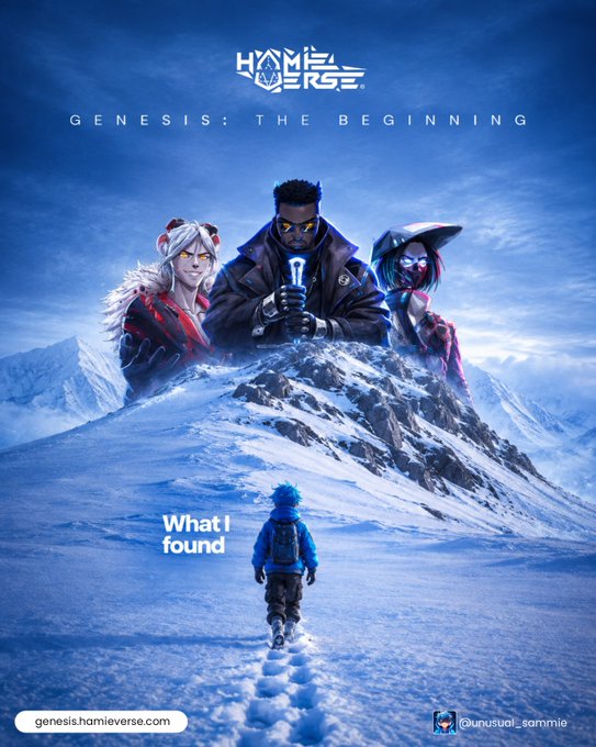 Promotional poster for "HAMI VERSE: GENESIS THE BEGINNING" featuring three fantasy characters overlooking a snowy mountain where a small figure walks, with the caption "What I found."
