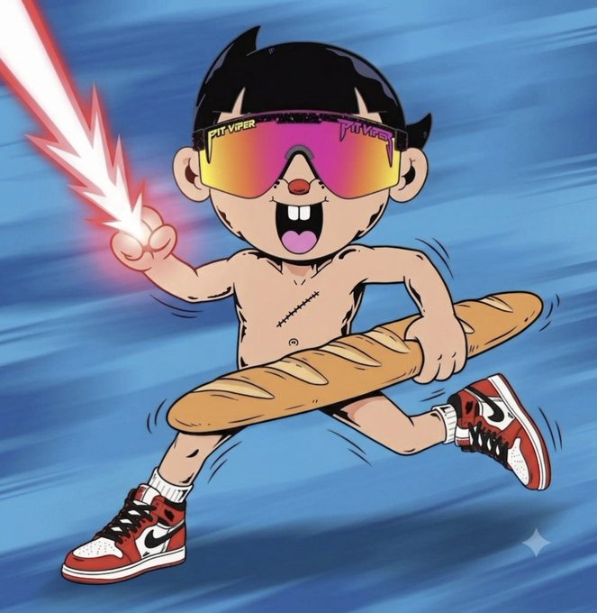 A cartoon character with black hair wearing 'PIT VIPER' branded sunglasses and a large baguette necklace, running with glowing red energy shooting from their finger, wearing red, white, and black sneakers.