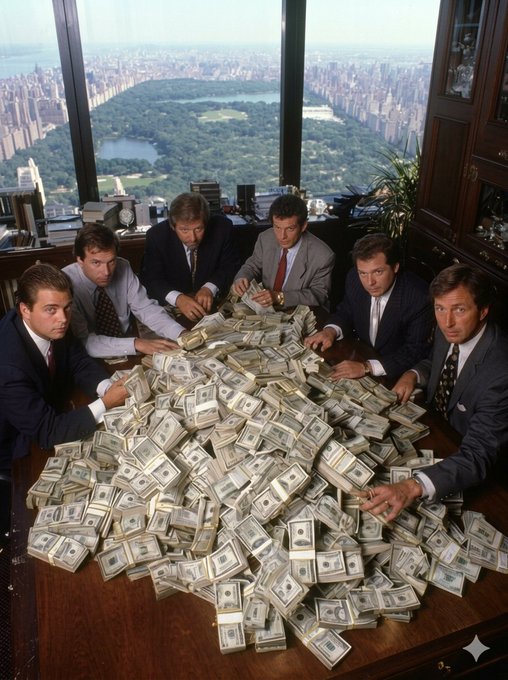 A group of six men in business suits sitting around a large wooden table piled high with stacks of banded US dollar bills, set in a high-rise office overlooking a city skyline with a large green park.