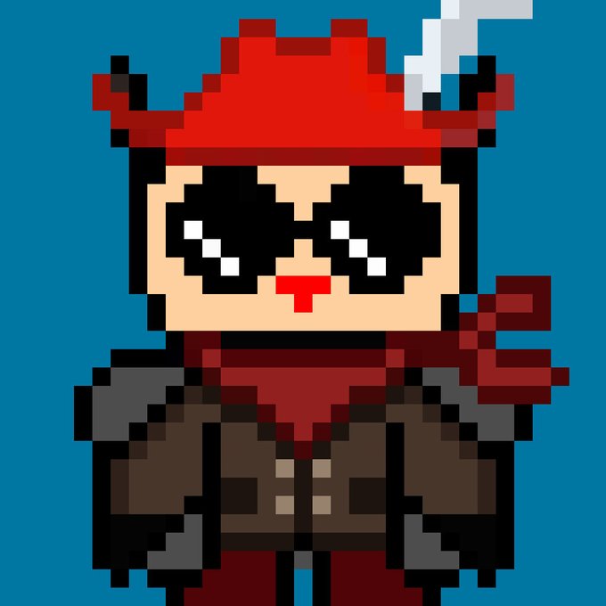A pixel art character with a red hat, dark sunglasses with shine, red lips, and a brown jacket set against a solid blue background.