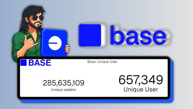 Promotional graphic featuring a cartoon character holding the Base (Coinbase L2) logo, displaying stats of 285,635,109 unique wallets and 657,349 unique users.