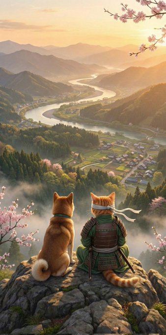 An illustration of a cat and a warrior in traditional Japanese armor sitting on a rocky outcrop, overlooking a misty river valley with cherry blossoms in the foreground.