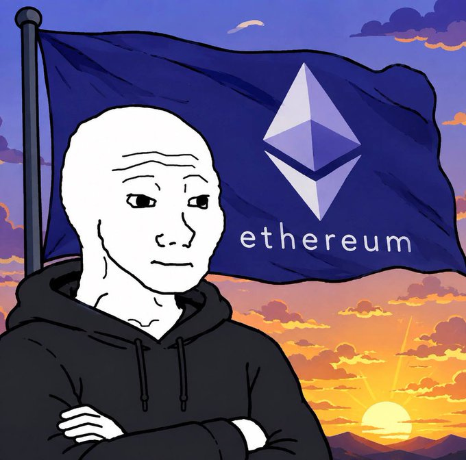 The image features a Wojak-style character in a black hoodie standing with crossed arms in front of an Ethereum flag at sunset, visually embodying the post's "stand with @ethereum" sentiment and unity within the community.
