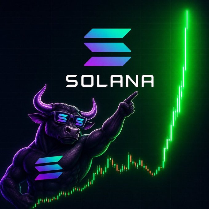 A Solana promotional graphic featuring the Solana logo with its gradient bars, a purple bull wearing sunglasses with the Solana logo, and a green candlestick chart showing an upward price trend on a dark grid background.