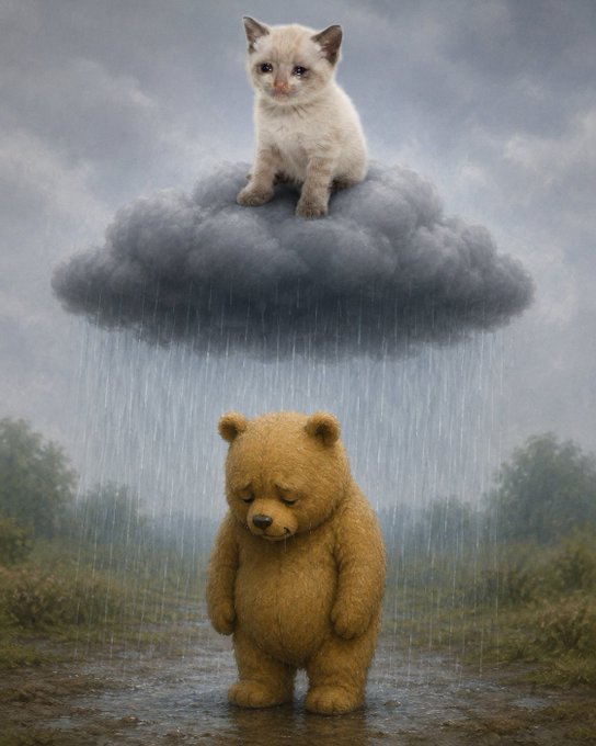 A whimsical illustration of a sad teddy bear standing in rain, with a kitten perched on a rain cloud above, raining down only on the bear.