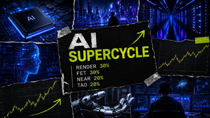 The image is a collage promoting an "AI SUPERCYCLE" investment bundle, featuring torn-paper graphics with bold yellow text listing the asset allocations: RENDER 30%, FET 30%, NEAR 20%, and TAO 20%, set against a futuristic backdrop of glowing cityscapes, stock charts, an AI chip, a digital head, and robotic hands. It visually ties to the post by symbolizing the AI-driven crypto bundle as a forward-looking, high-growth opportunity for savvy investors to complete the sentence with their own vision.