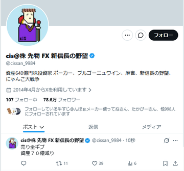 A Twitter profile for "cis@株 先物 FX 新信長の野望 (@cissan_9984)" showing 107 following and 78.6K followers, with a pinned tweet stating "売り全ポジ" (all short positions) and "資産7.0億円" (assets 700 million yen), humorously relating to the post about assets fluctuating by double-digit percentages on just a few hundred billion yen.
