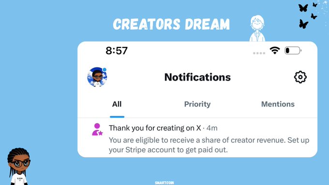 A blue graphic titled "CREATORS DREAM" featuring a mobile notification about being eligible for creator revenue on X, mentioning Stripe setup.