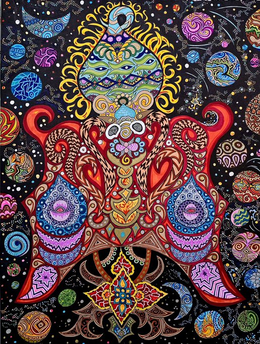 A vibrant, psychedelic illustration depicts a mystical figure with a green-faced deity-like head surrounded by ornate, colorful patterns, symmetrical wings, and floating celestial orbs against a starry black background—evoking the cosmic wonder of gazing into the universe's past as described in the caption.