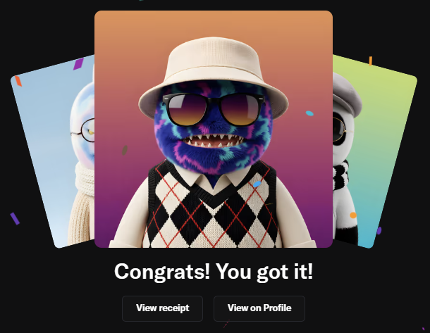 A digital collectible reveal screen showing a furry monster character wearing sunglasses, a bucket hat, and an argyle sweater vest, with the text 'Congrats! You got it!' and buttons for 'View receipt' and 'View on Profile'.