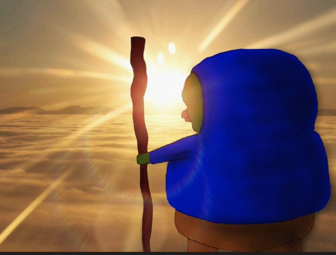 A 3D rendered character in a blue hooded robe holding a wooden staff, standing against a bright, glowing sunset.