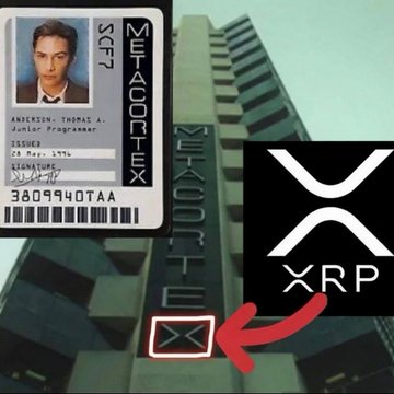 The image features a corporate "Metacortex" employee ID badge for "Anderson, Thomas A. (Junior Programmer)" issued on 28 May 1994, alongside the XRP logo, with an arrow pointing to an envelope icon—symbolically linking Neo's fictional employer from *The Matrix* to XRP's role in enabling AI agent transactions.