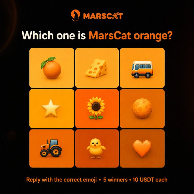The image shows a MarsCat branded giveaway featuring a 3x3 grid of nine orange-themed emojis (orange, cheese, bus, star, sunflower, planet, tractor, chick, and heart) with the question "Which one is MarsCat orange?" at the top, inviting users to identify which emoji matches the brand's signature orange color for a chance to win 10 USDT in a 5-winner giveaway.