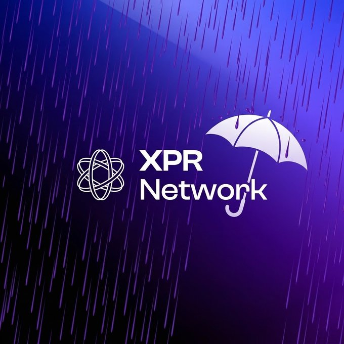 A promotional graphic for XPR Network featuring their atom-style logo and a white umbrella shielding against falling purple rain, symbolizing protection or asset sheltering.