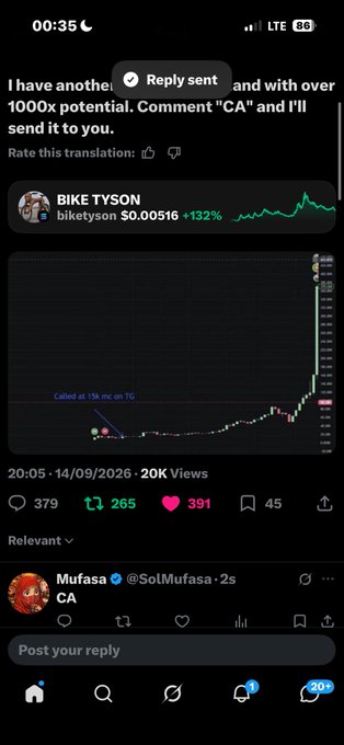A screenshot of a Twitter/X post by 'BIKE TYSON' showing a crypto trading chart for 'biketyson' with a price of $0.00516 (+132%), and another user 'Mufasa' replying 'CA'.