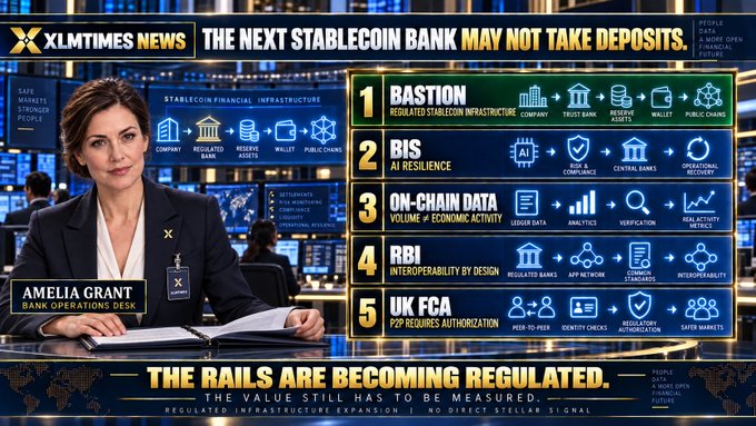 A fake news broadcast titled 'THE NEXT STABLECOIN BANK MAY NOT TAKE DEPOSITS' featuring anchor Amelia Grant and listing regulatory infrastructure points.