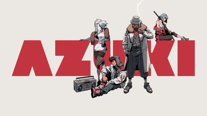 Promotional artwork for 'AZUKI' featuring four anime-style characters posing in front of the large red Azuki logo.